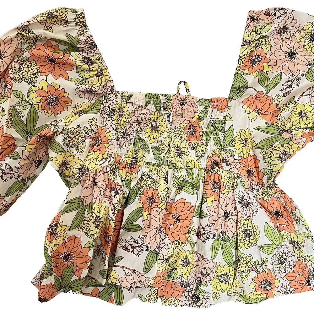 J Crew Smocked Top 14 Zinnia Floral Square Neck Peasant Cottagecore
